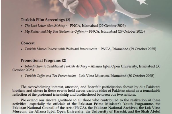 پاکستان  اور ترکیہ دوستی کا ہفتہ بھرپور انداز میں منایا گیااپنے شراکت داروں کے لیے خراجِ تحسین